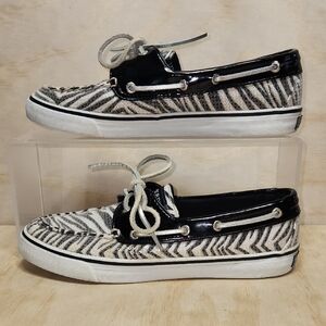 Sperry Top-Sider Black White Silver Shoes Women 7.5 Sneaker Zebra Stripe Sequin